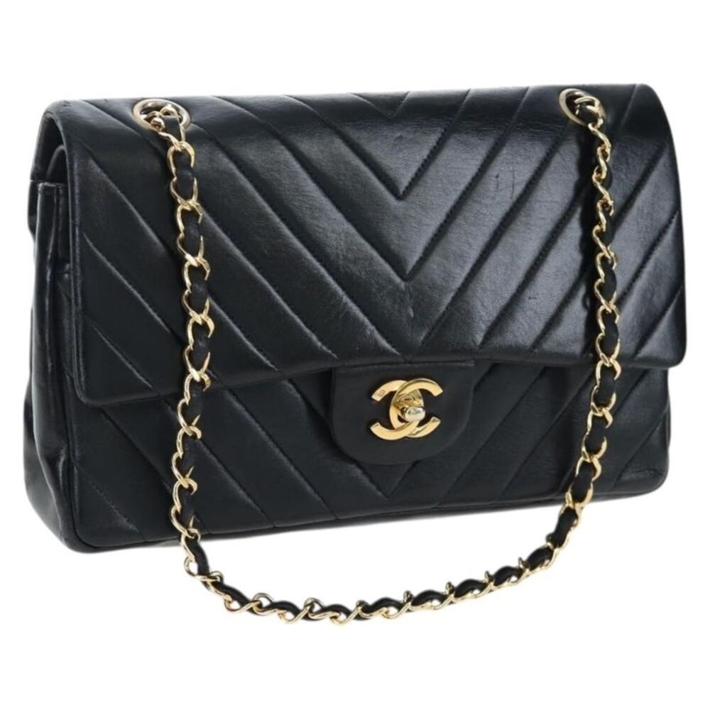 Chanel Double Stitch Full Flap Chevron Lambskin Black Leather Handbag
